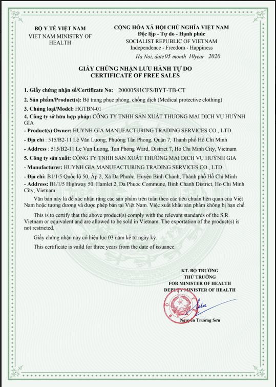 Khẩu trang y tế N95 Huỳnh Gia được cấp phép bởi Bộ Y Tế Việt Nam.